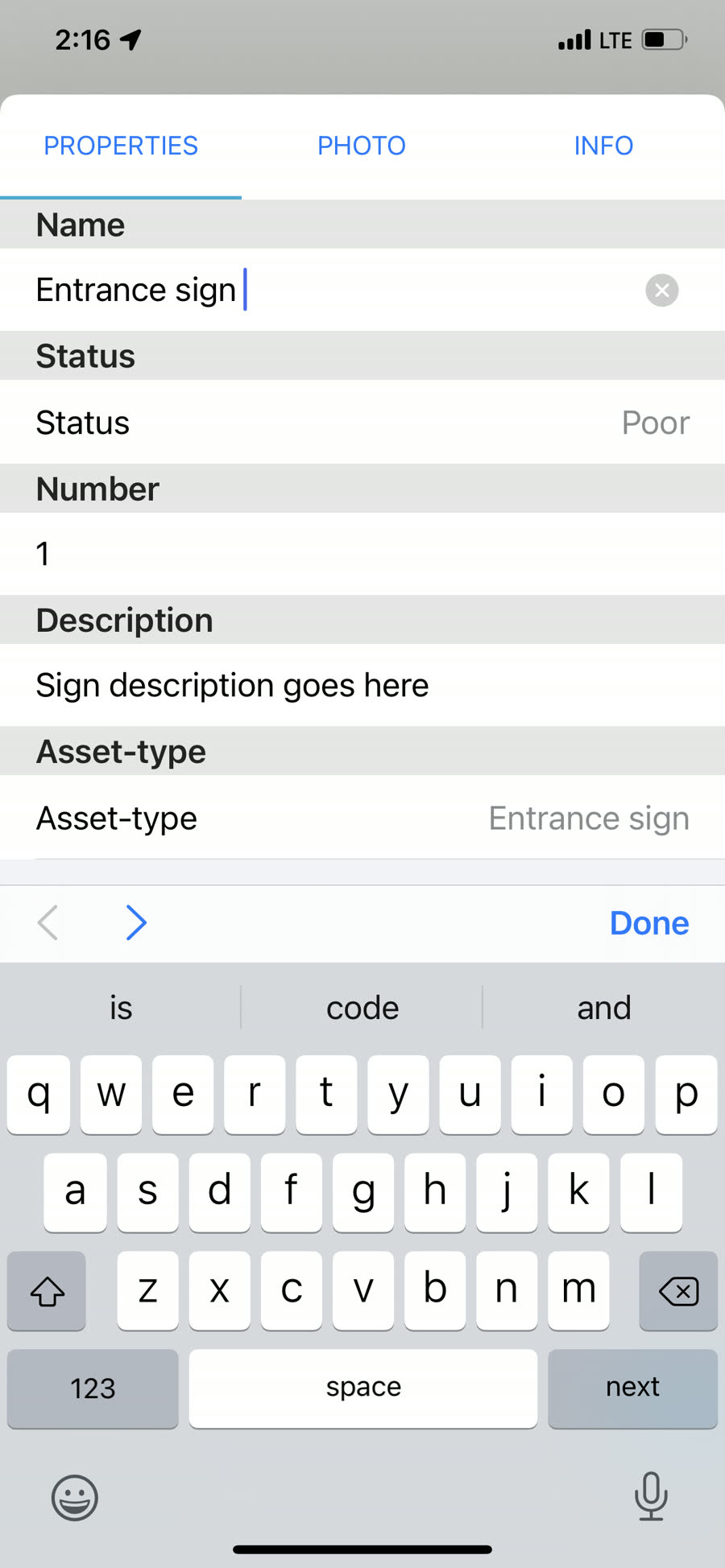 Properties form for an entrance sign