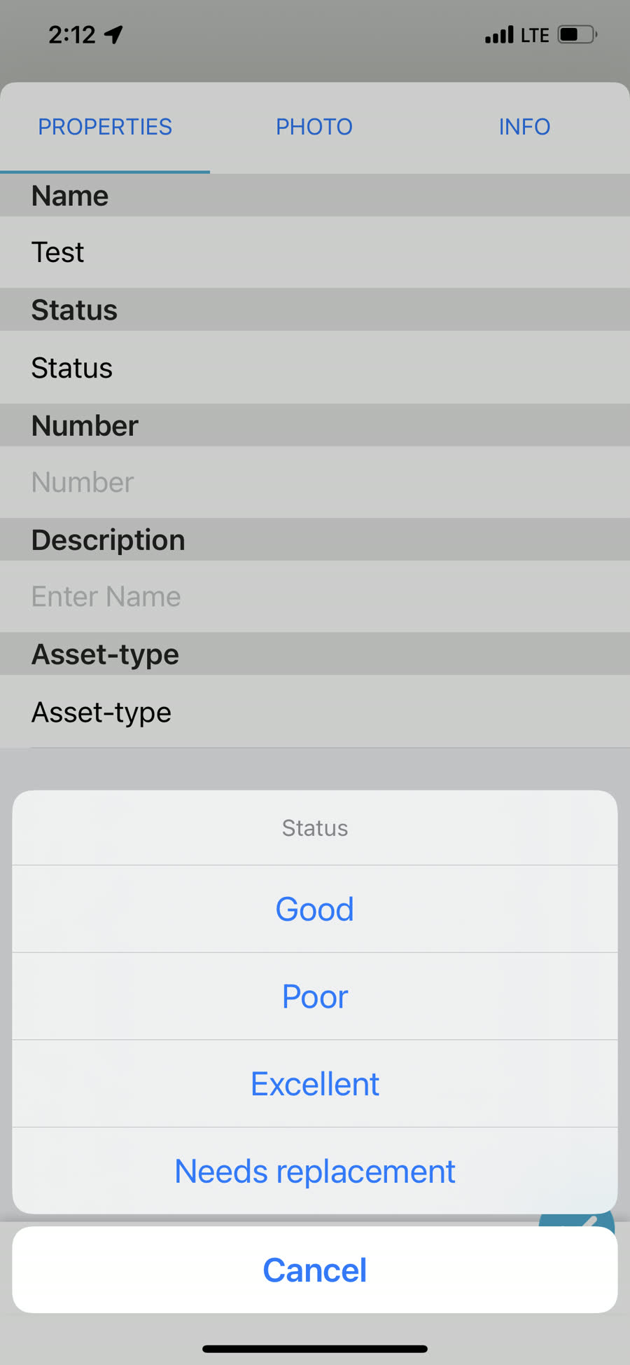 Status picker on a field form