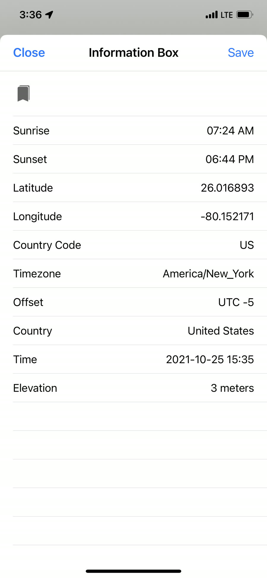 Information Box with coordinates and timezone