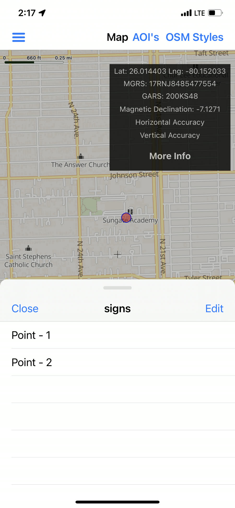Map with Active Data Set list of captured points