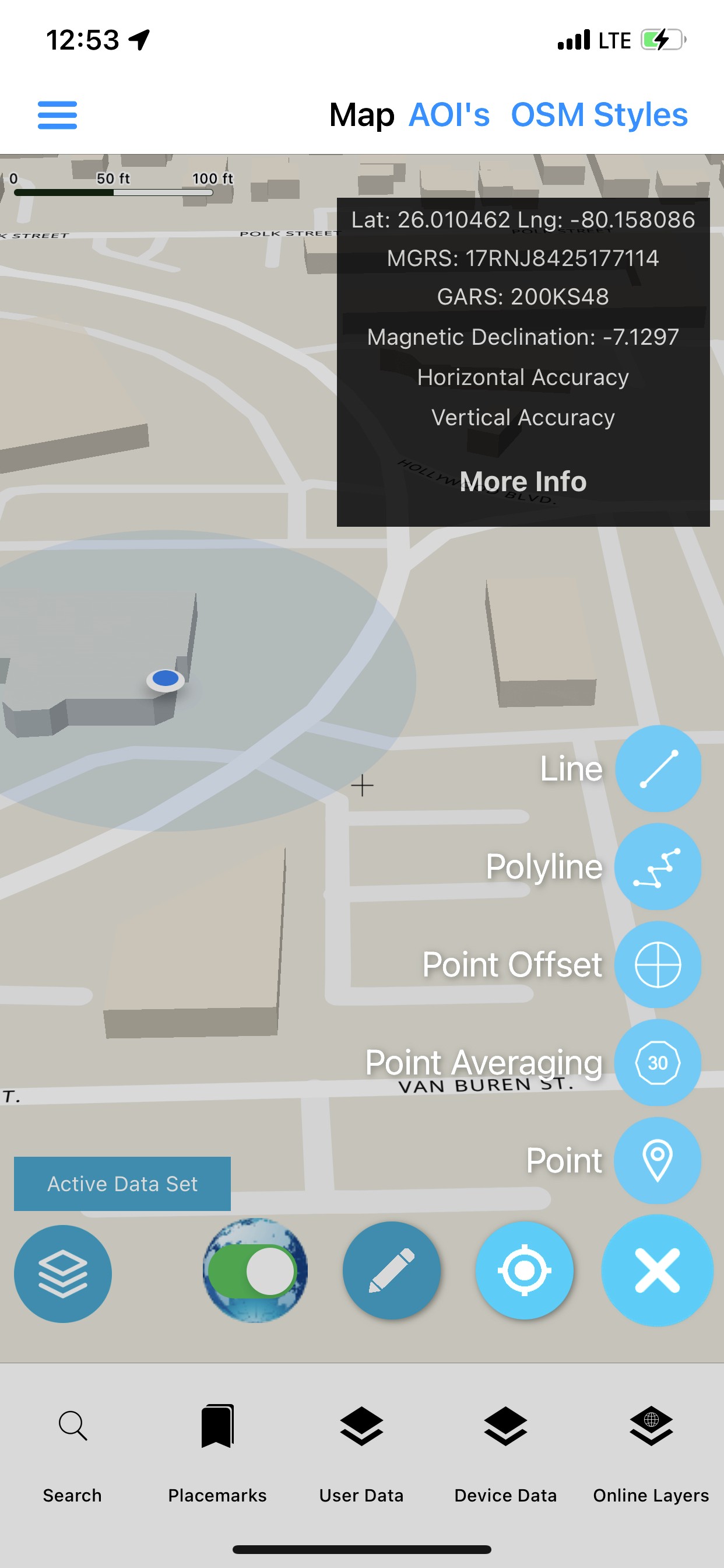 Map with coordinates, MGRS and field drawing tools