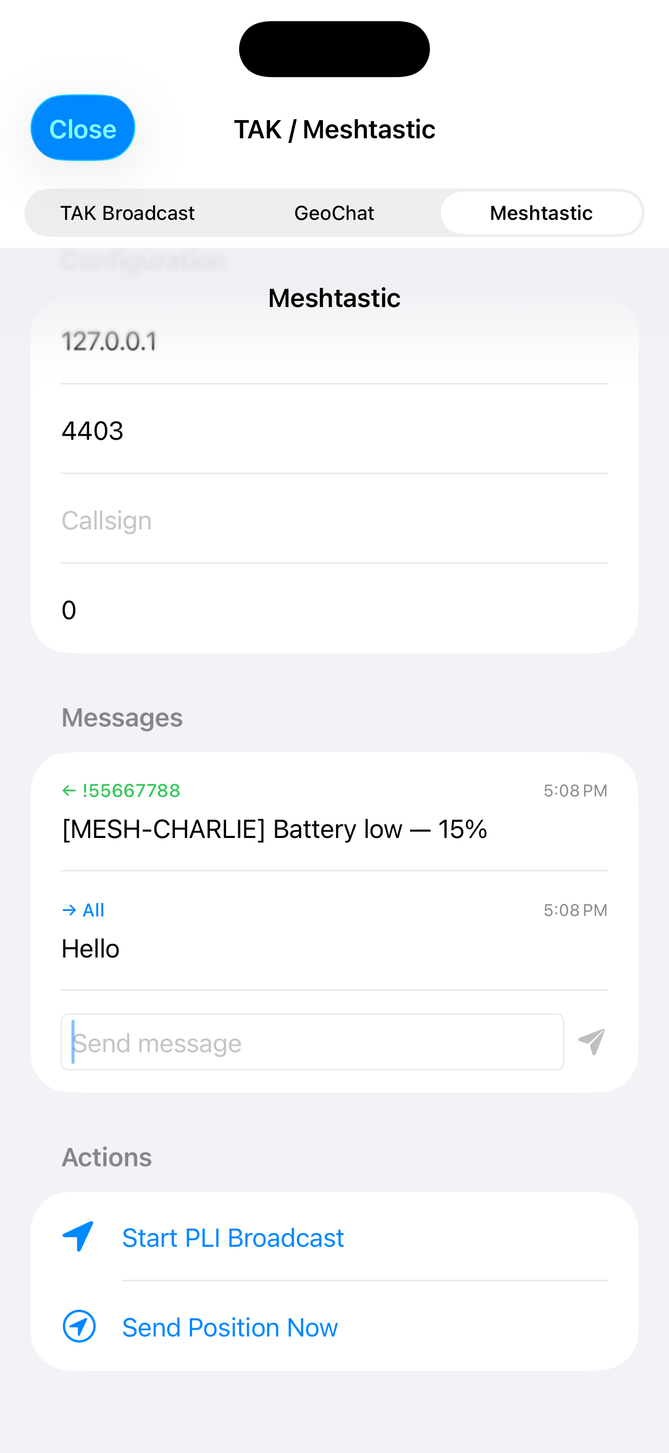 Meshtastic messages and PLI actions