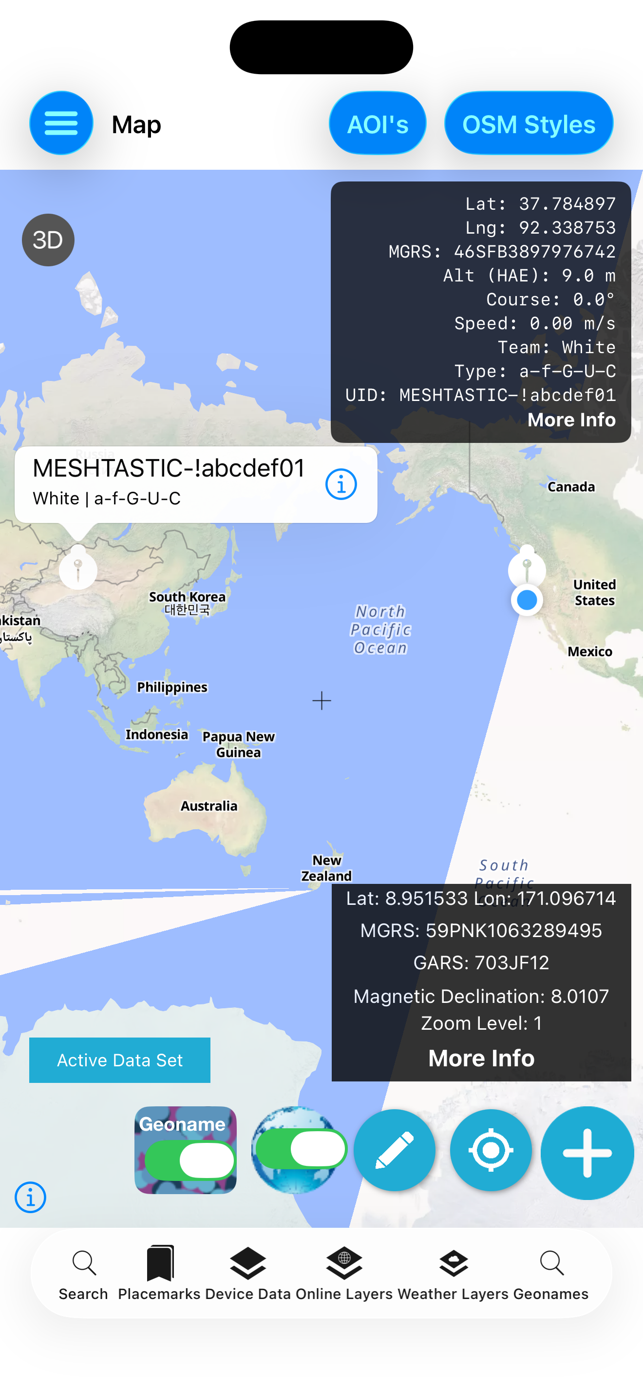 Map with Geoname toggle and Meshtastic marker