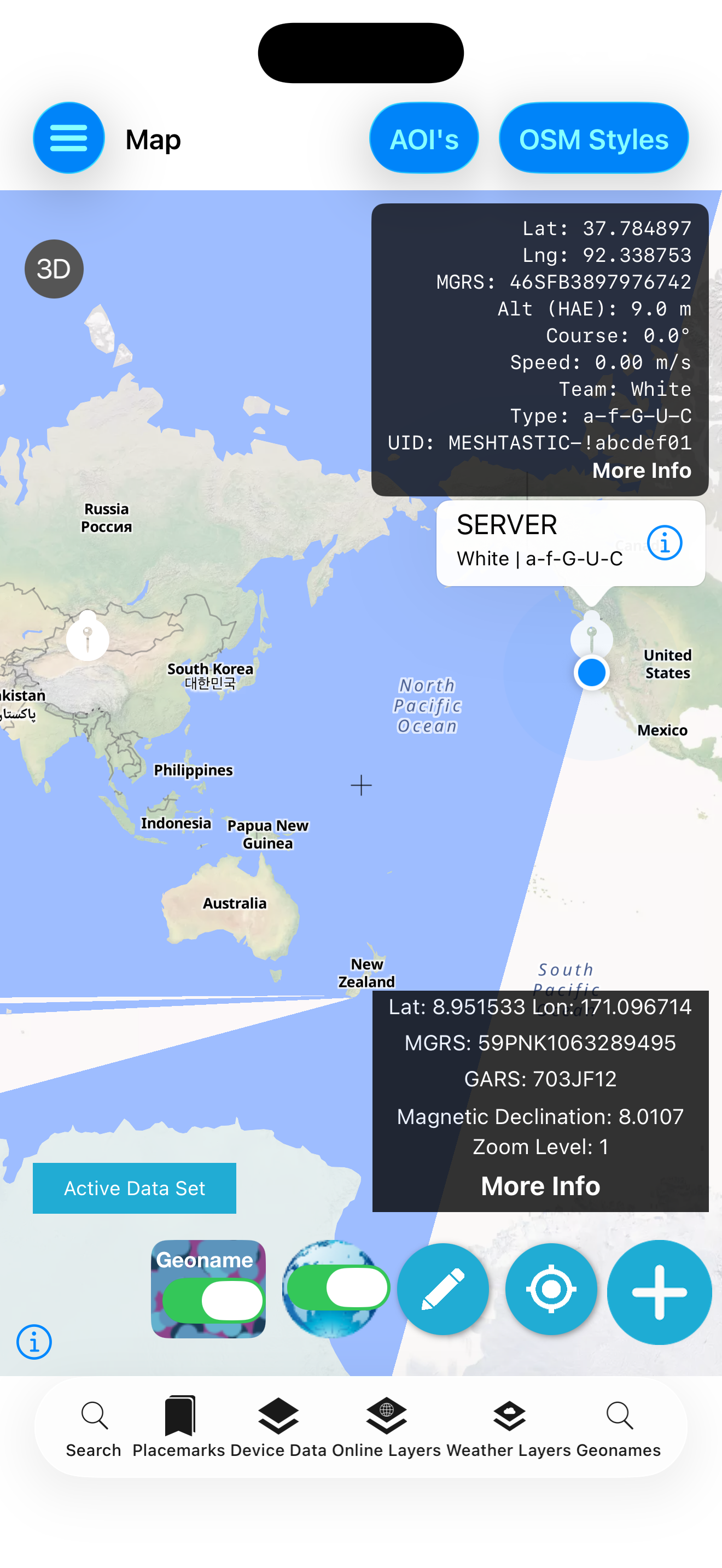 Map with SERVER CoT marker and Geoname on