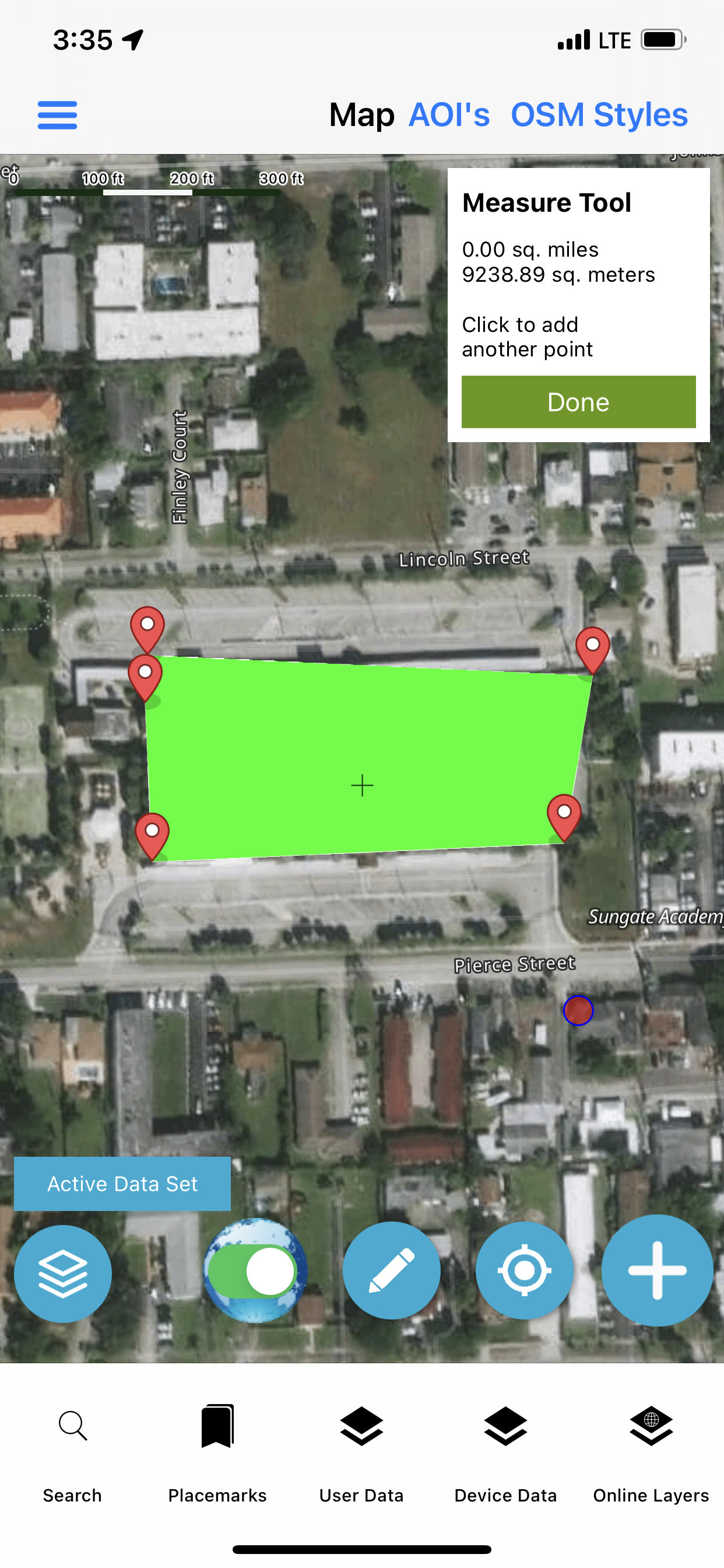 Satellite map with a drawn area and Measure Tool