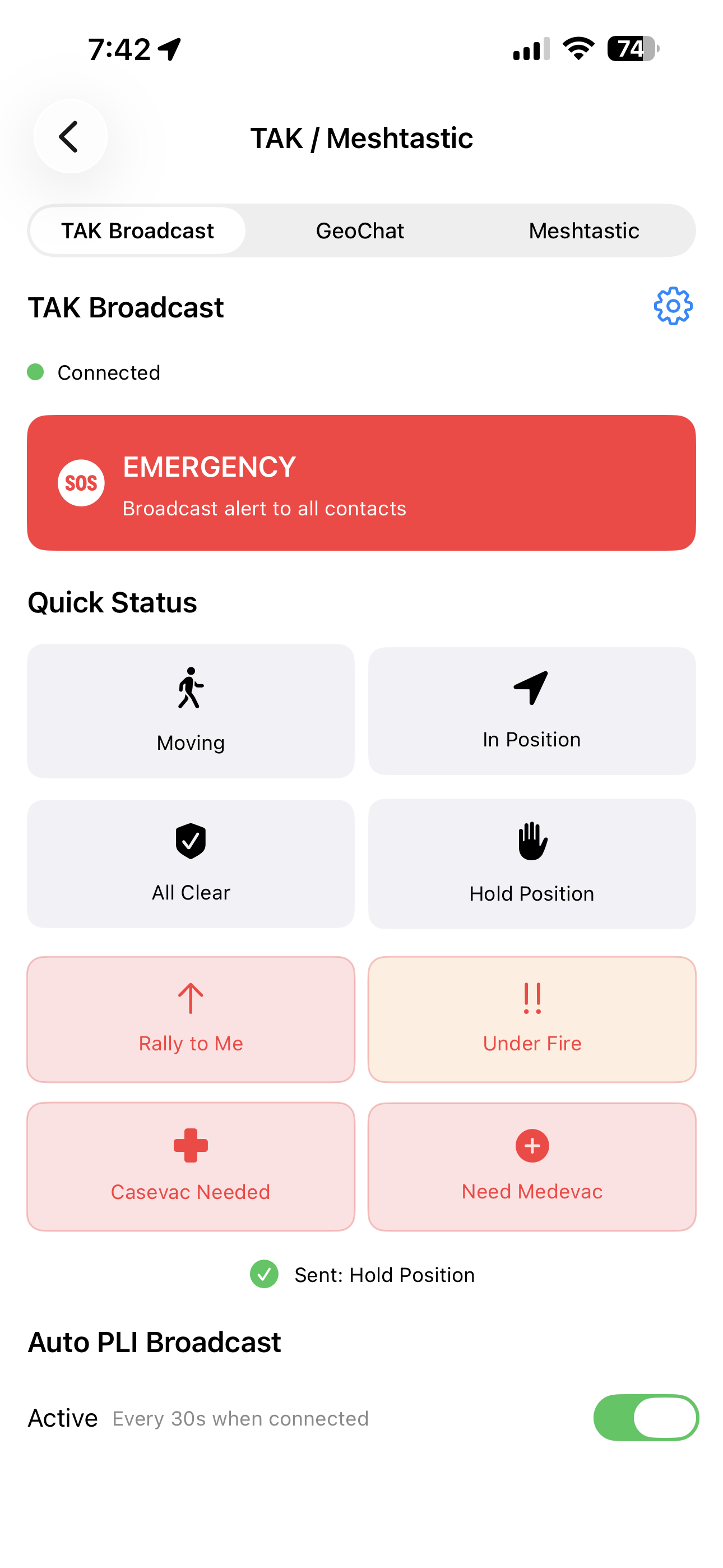 TAK Broadcast connected with Auto PLI
