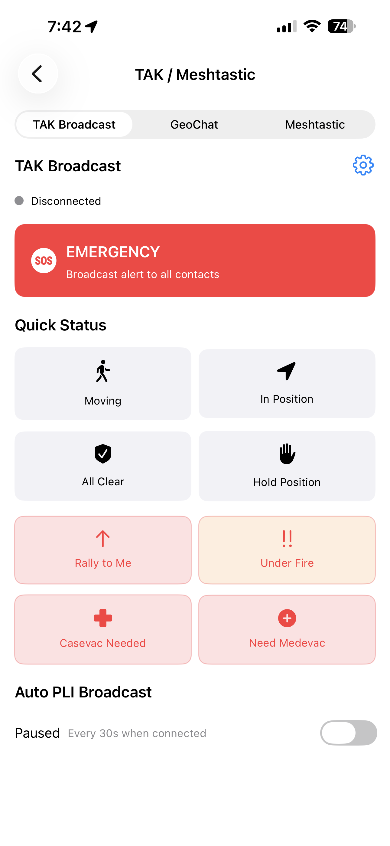 TAK Broadcast quick status and emergency controls