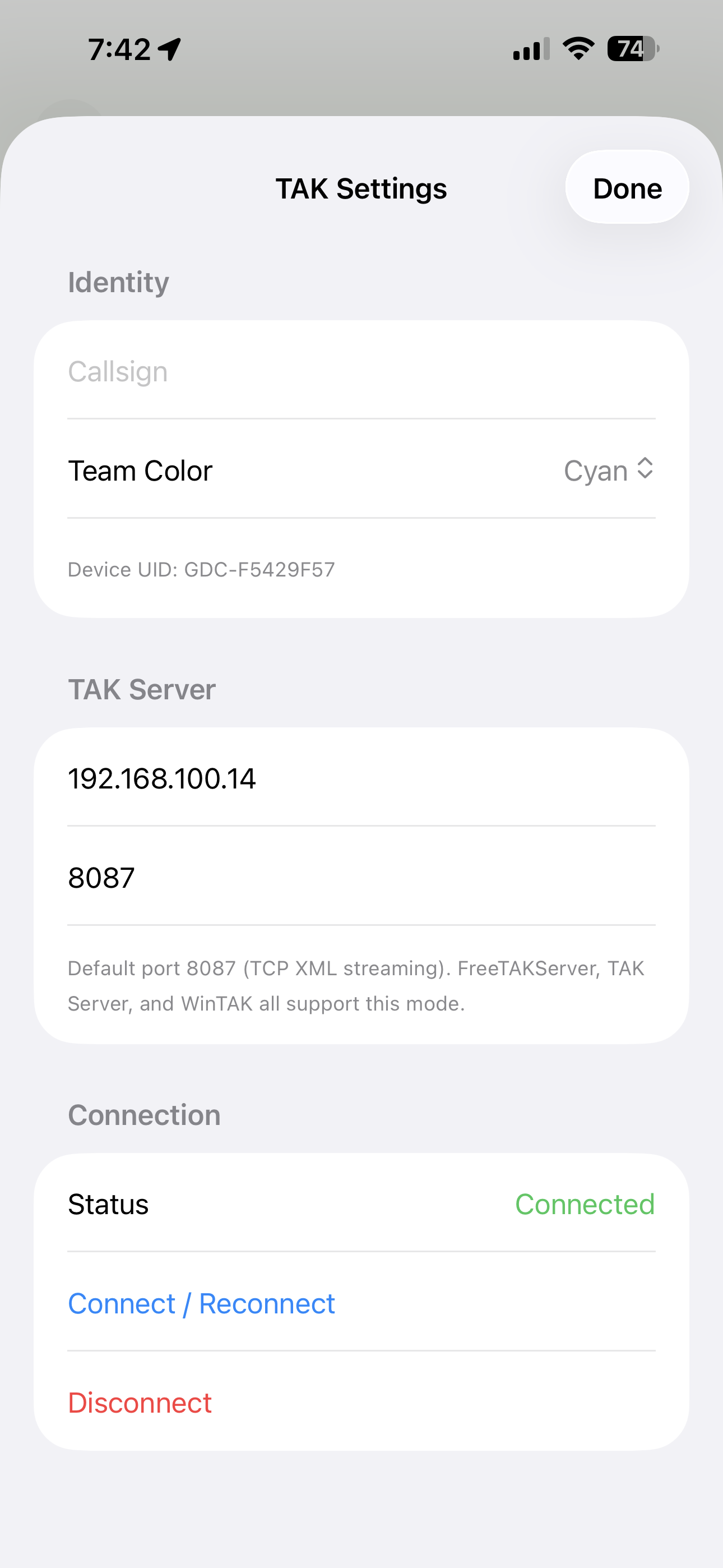 TAK server settings screen